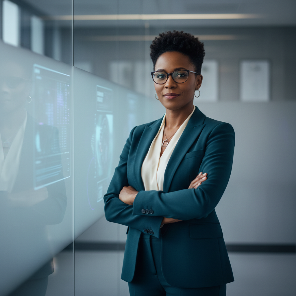 Amara Okafor — AI Product Architect, professional African woman with confident posture against a minimalistic tech background