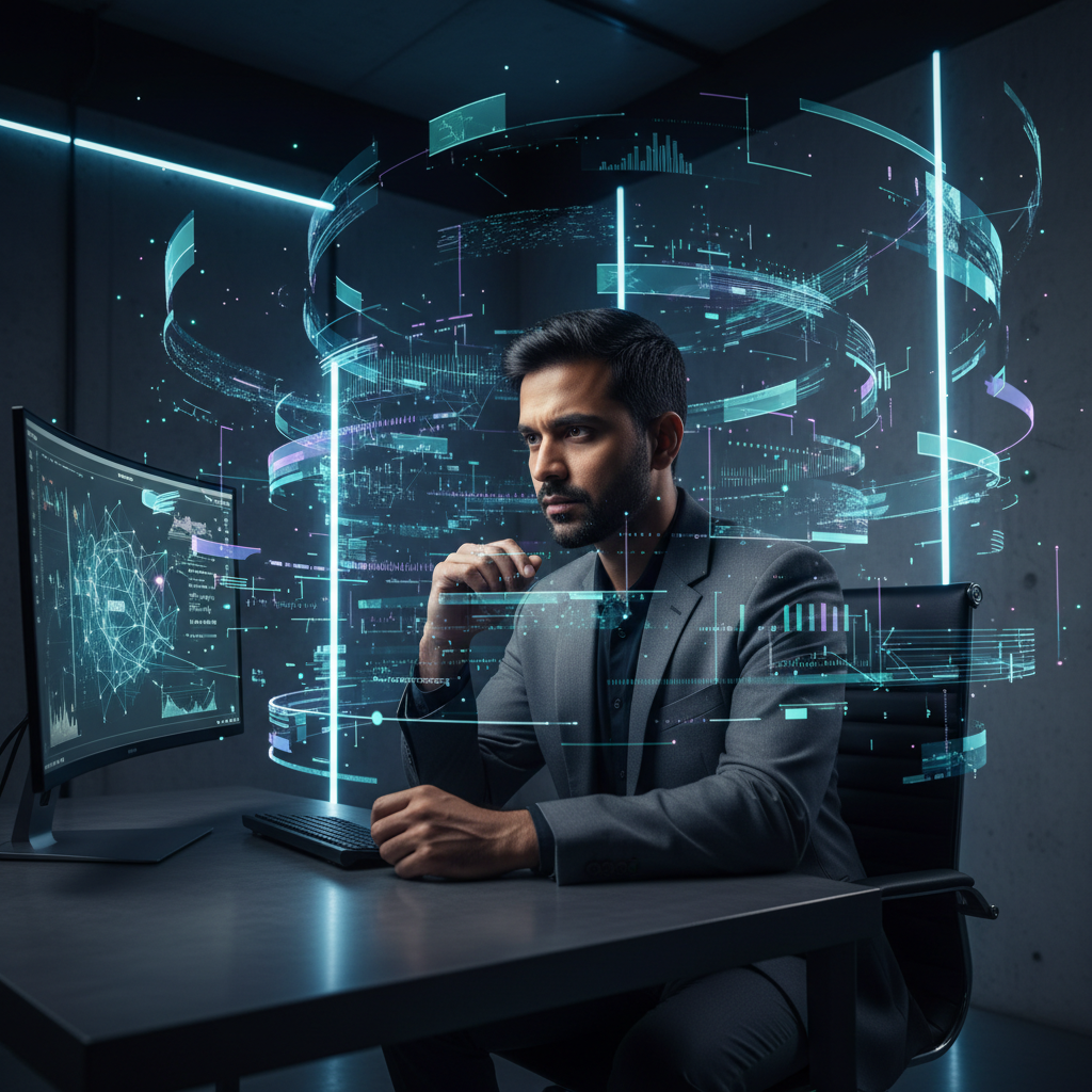 Arjun Mehta — AI Research & Intelligence Lead, Indian male with thoughtful expression surrounded by abstract data visualisations in dark workspace