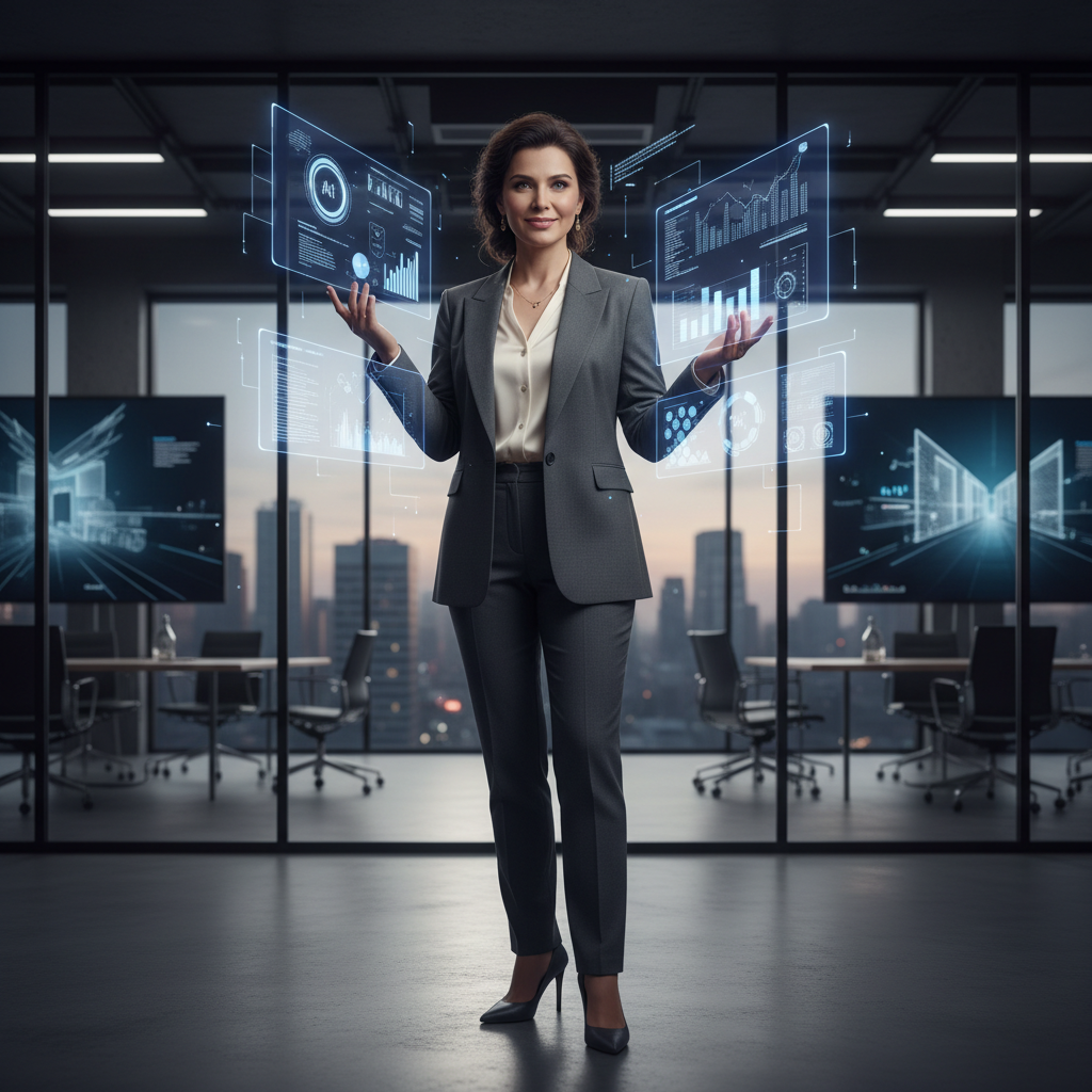 Elena Petrova — AI Sales Automation Lead, Eastern European woman in elegant modern office with AI interface overlays