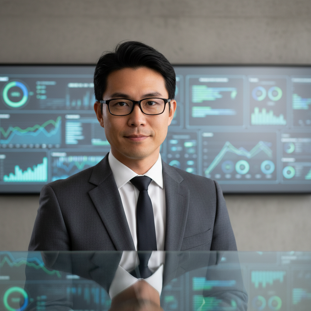 Lucas Tanaka — AI Growth Strategist, Japanese-Brazilian male in modern business attire with digital marketing dashboards in background