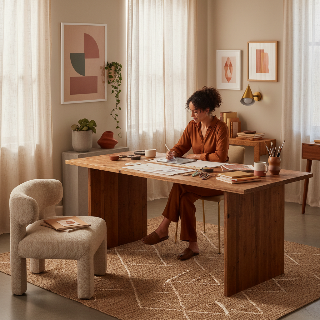 Sofia Alvarez — AI Experience & Brand Designer, Latina woman in creative workspace with warm tones and modern design elements